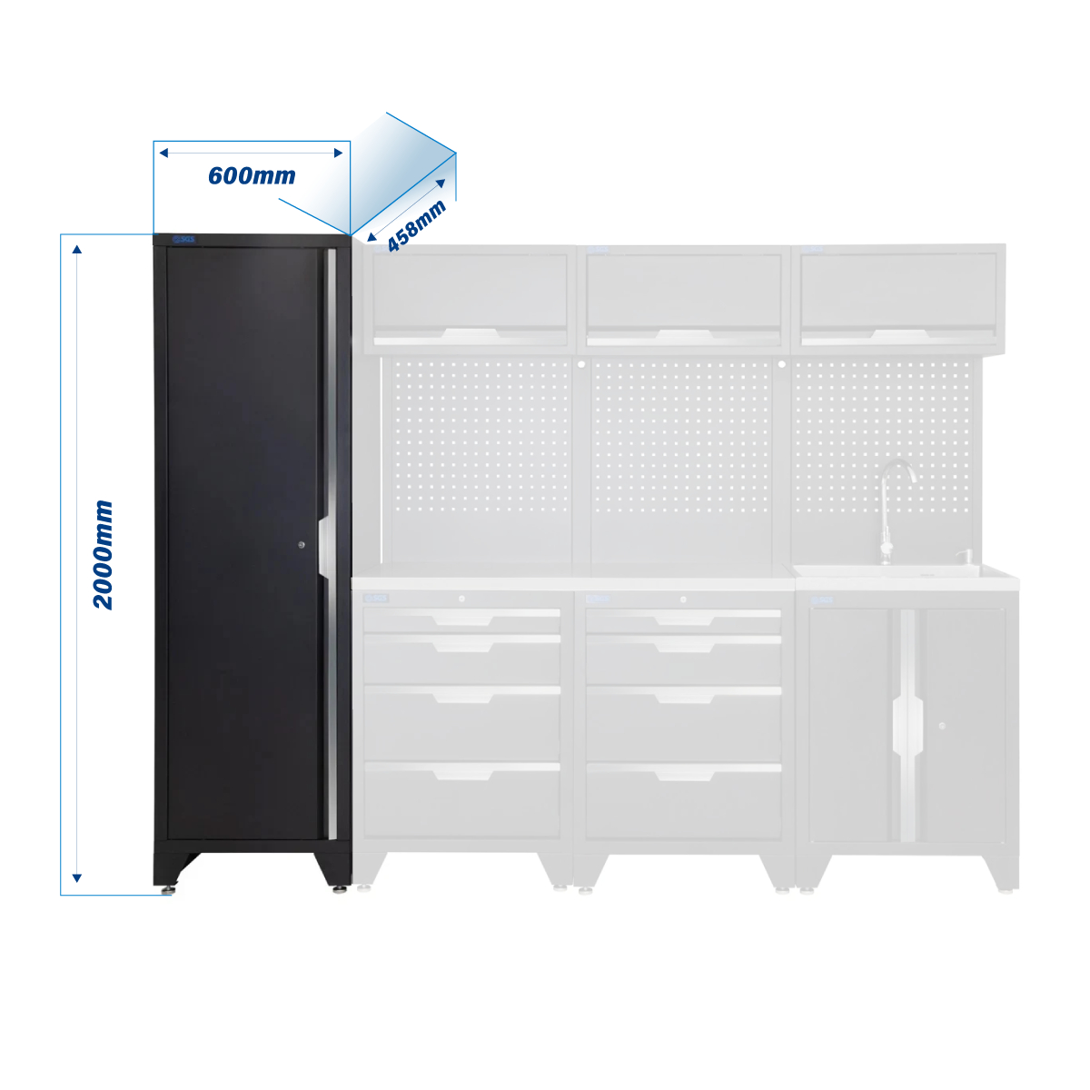 SGS 10pc Modular Garage Storage | 8 Drawers | Stainless Steel Worktop | Tall Single Cabinet | Sink Unit | 3x Upper Cabinets